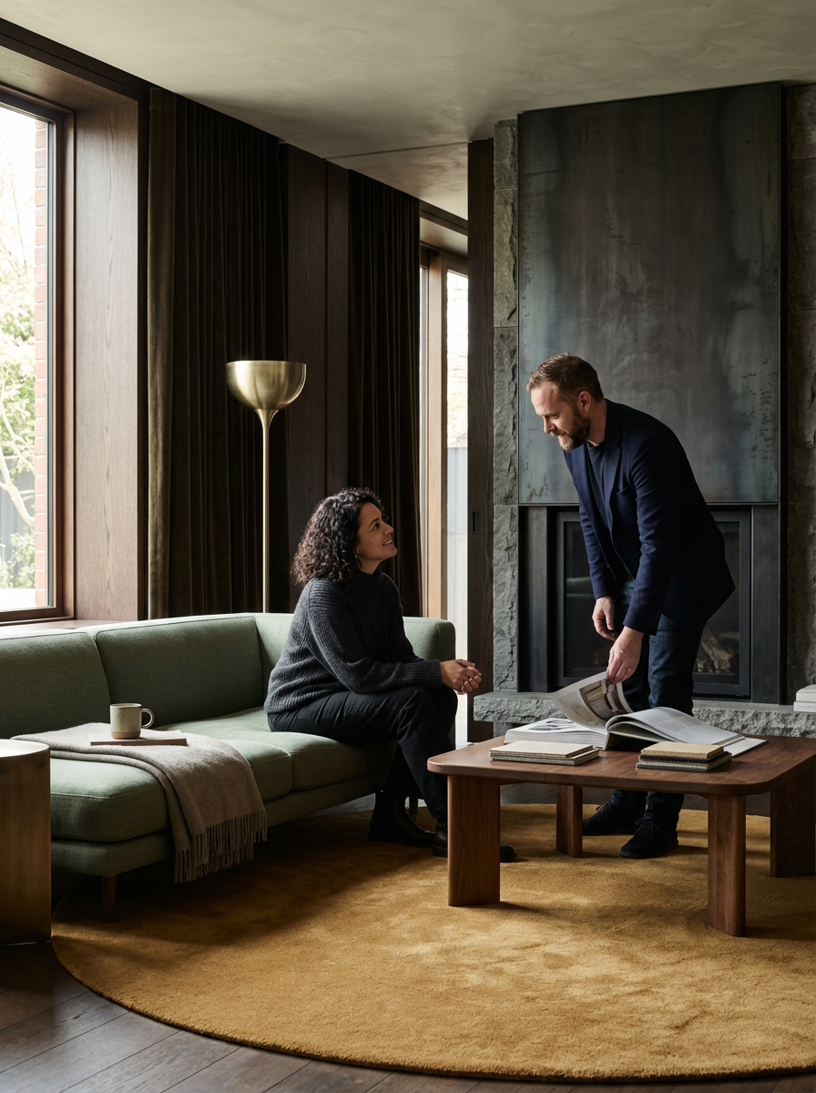 A woman sitting on a green sofa talking to a man standing over a coffee table with open books in a living room with large windows, dark curtains, and a fireplace.