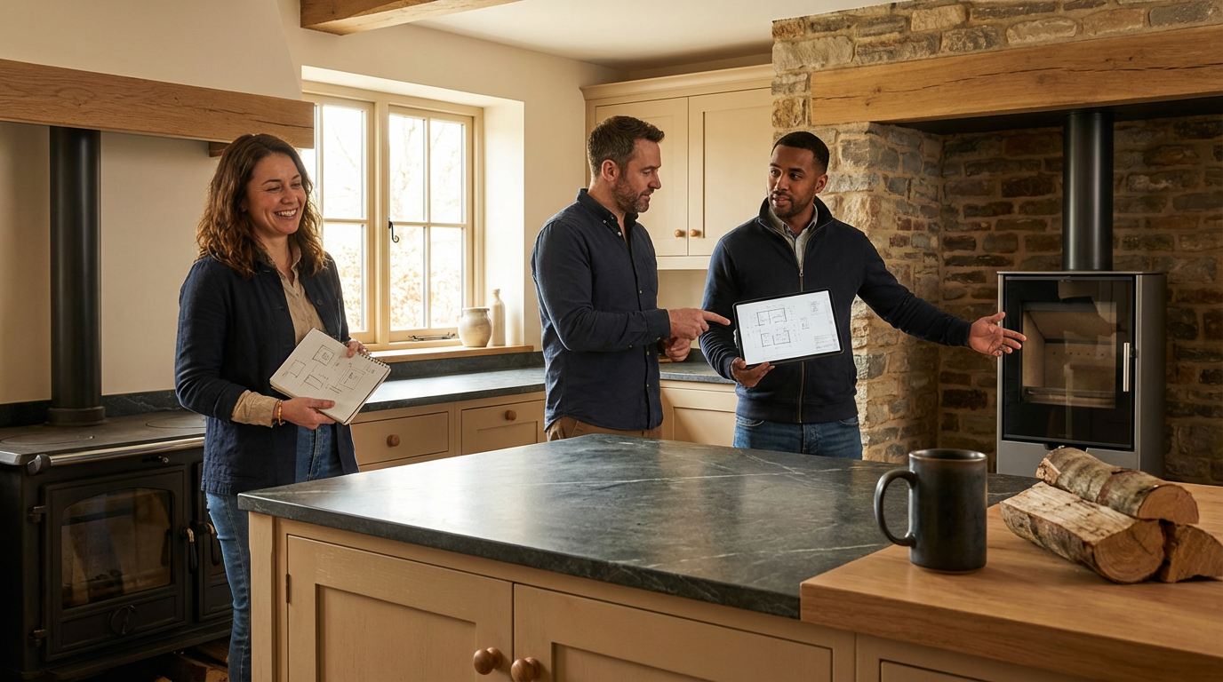 Three people in a kitchen talking, with one woman and two men. They are looking at and holding tablets and papers with house floor plans. The kitchen has a large island with a dark countertop, a wood-burning stove, and a brick wall with a fireplace.