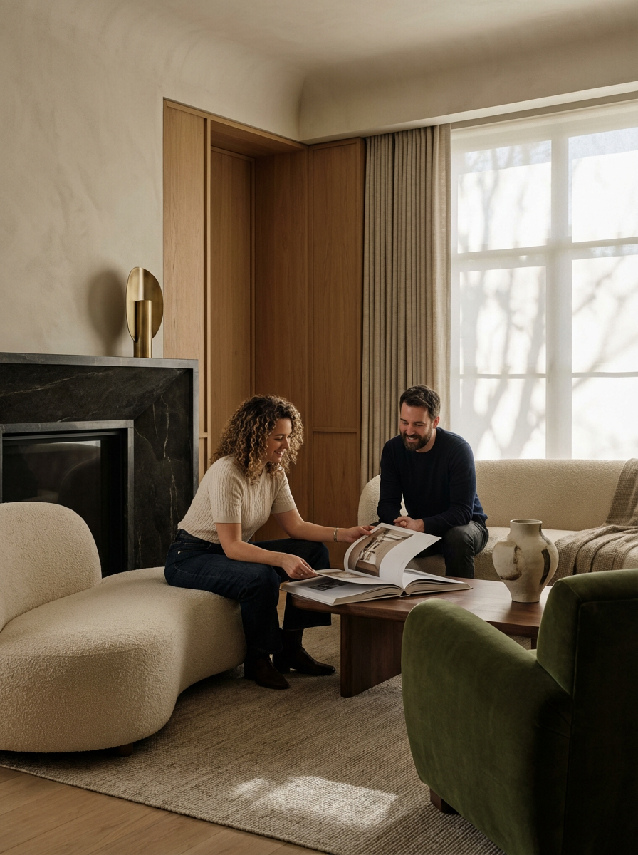 Two people sitting on a beige sofa in a living room, looking at and discussing a large photo album on a wooden coffee table. Sunlight streams through a large window with curtains, and there is a vase on the table.