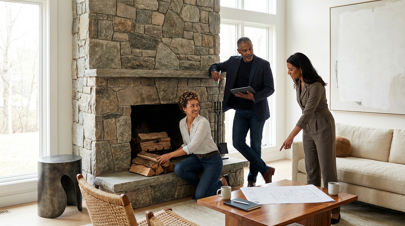 Three people are working together in a living room with a large stone fireplace. One woman is kneeling near the fireplace, holding firewood, while a man stands next to her, looking at a tablet. Another woman is standing and pointing at blueprints on a wooden table. The room is bright with large windows and modern decor.
