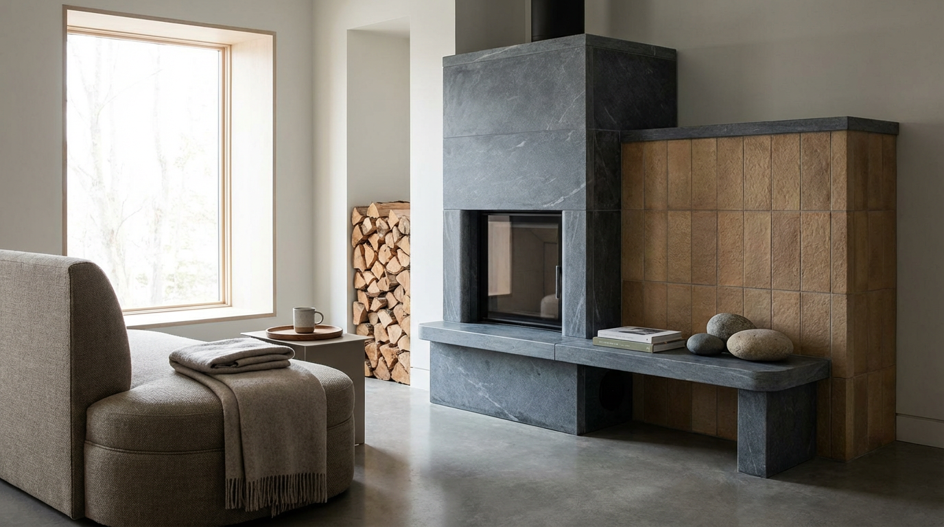 Modern living room with a large window, cozy beige couch with a blanket, a small white side table with a mug, and a woodpile next to a contemporary fireplace with a gray and brown tiled surround.