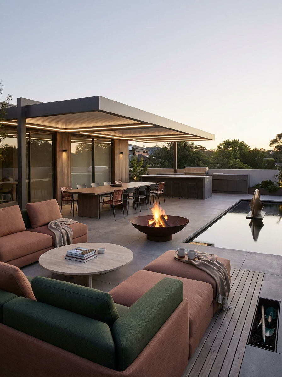 Modern rooftop patio with outdoor seating, fire pit, dining area, and pool, during sunset.