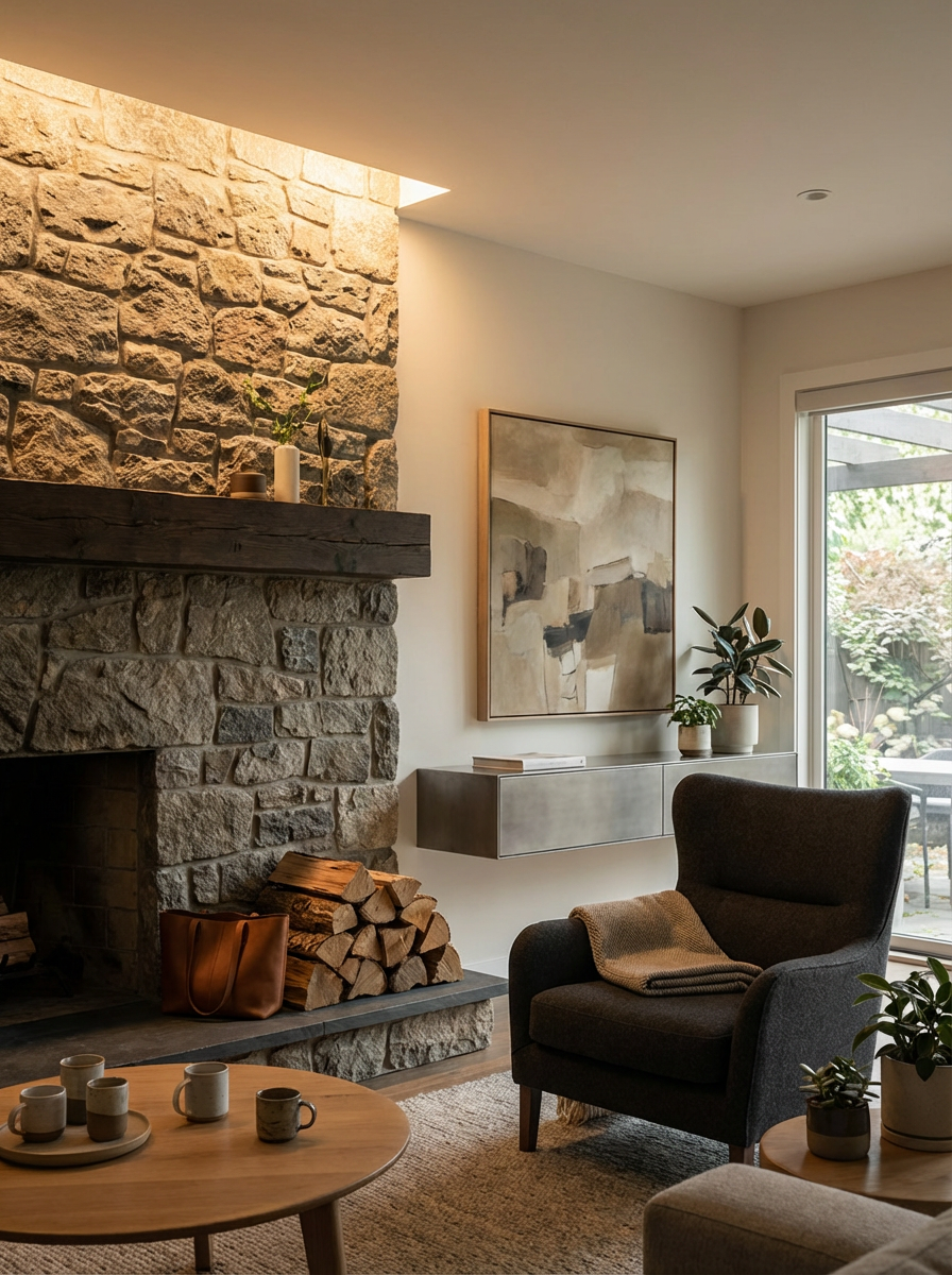 Living room with a stone fireplace, wooden mantle with candles and plants, pile of firewood, modern sideboard, abstract wall art, armchair with blanket, potted plants, and large window showing outdoor greenery.