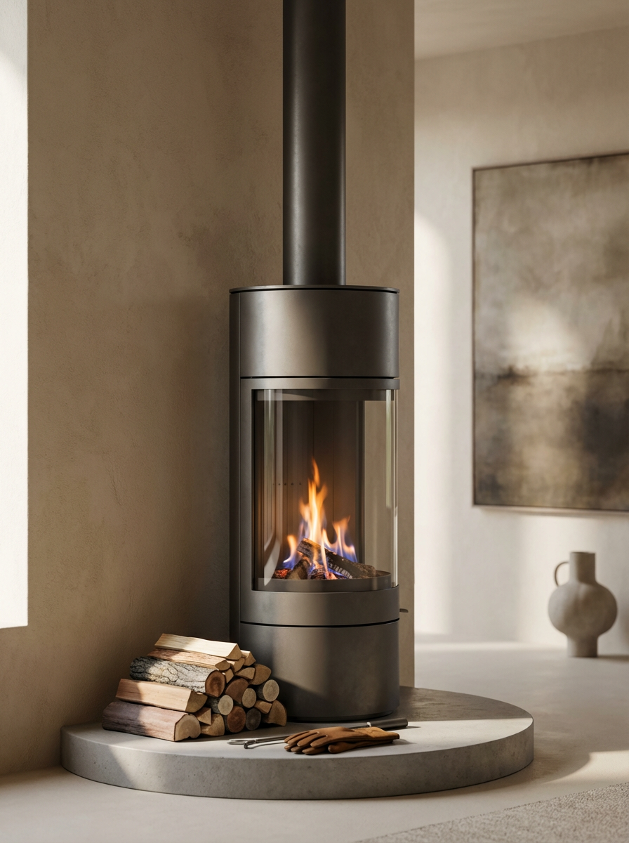 Modern stainless steel wood-burning stove with fire inside, located on a rounded stone platform, next to a small stack of firewood and a pair of brown gloves.
