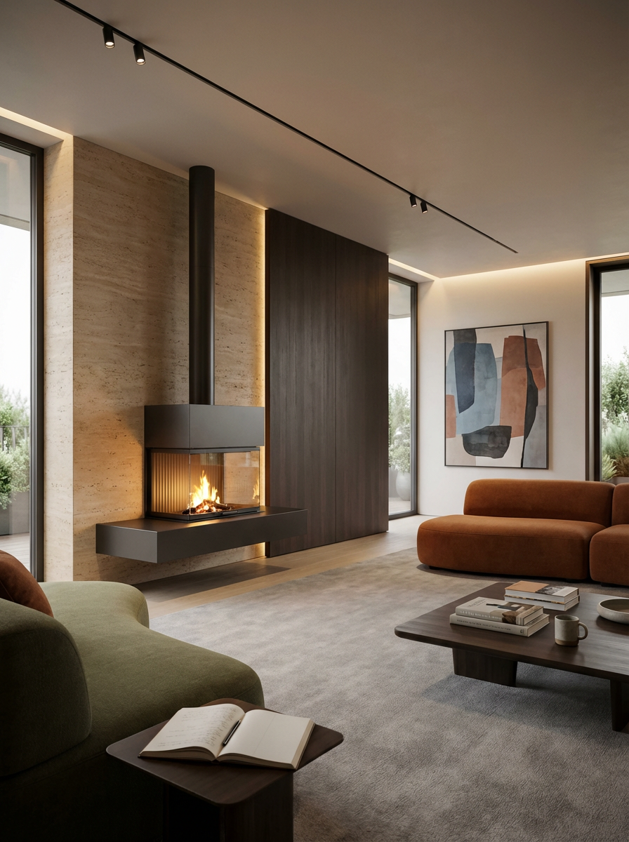 Modern living room with a fireplace, large windows, abstract art on the wall, and contemporary furniture including green and burnt orange sofas, a wooden coffee table, and a side table with an open book.