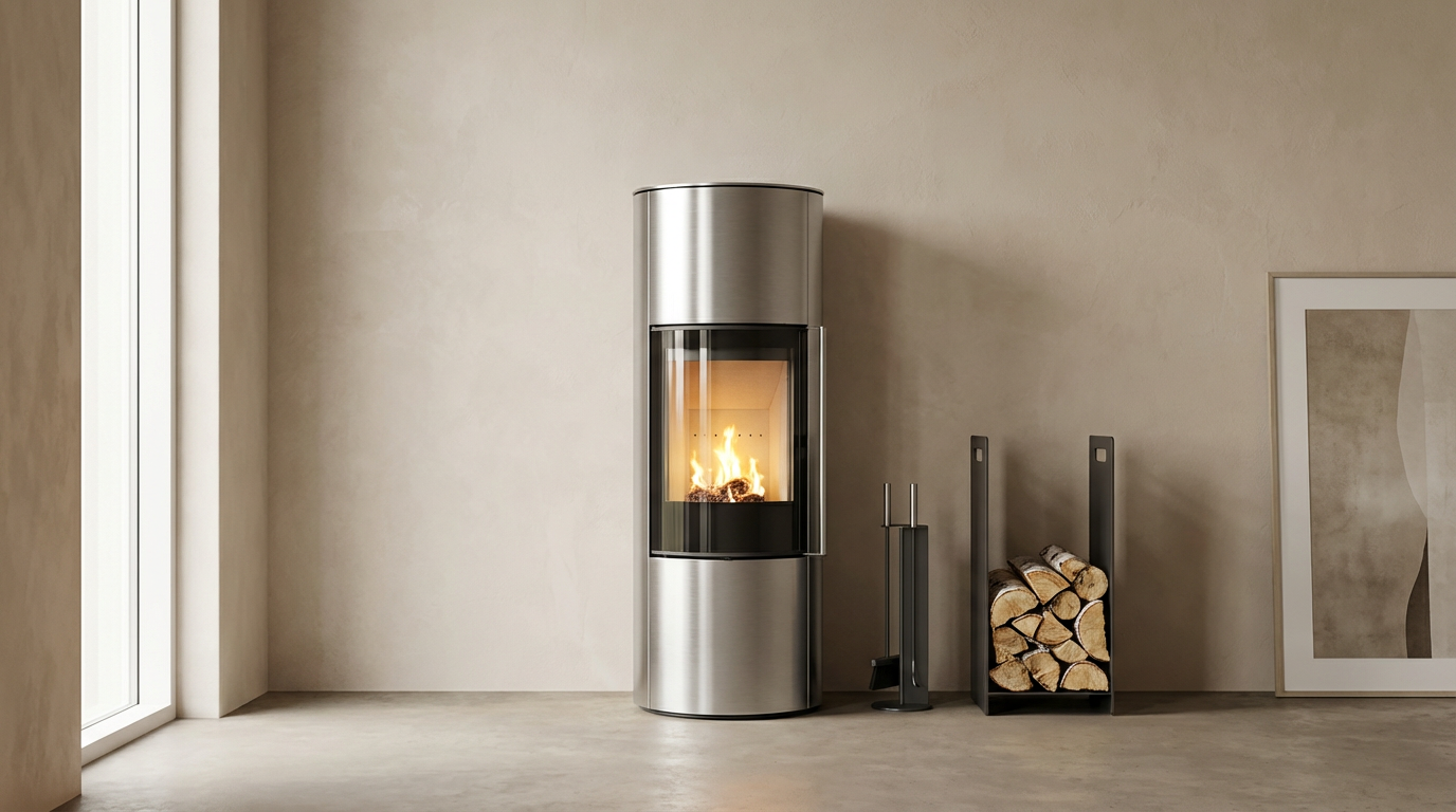 A modern cylindrical metal fireplace with a glass front and lit fire inside, accompanied by wood storage racks and a framed abstract art piece beside it.
