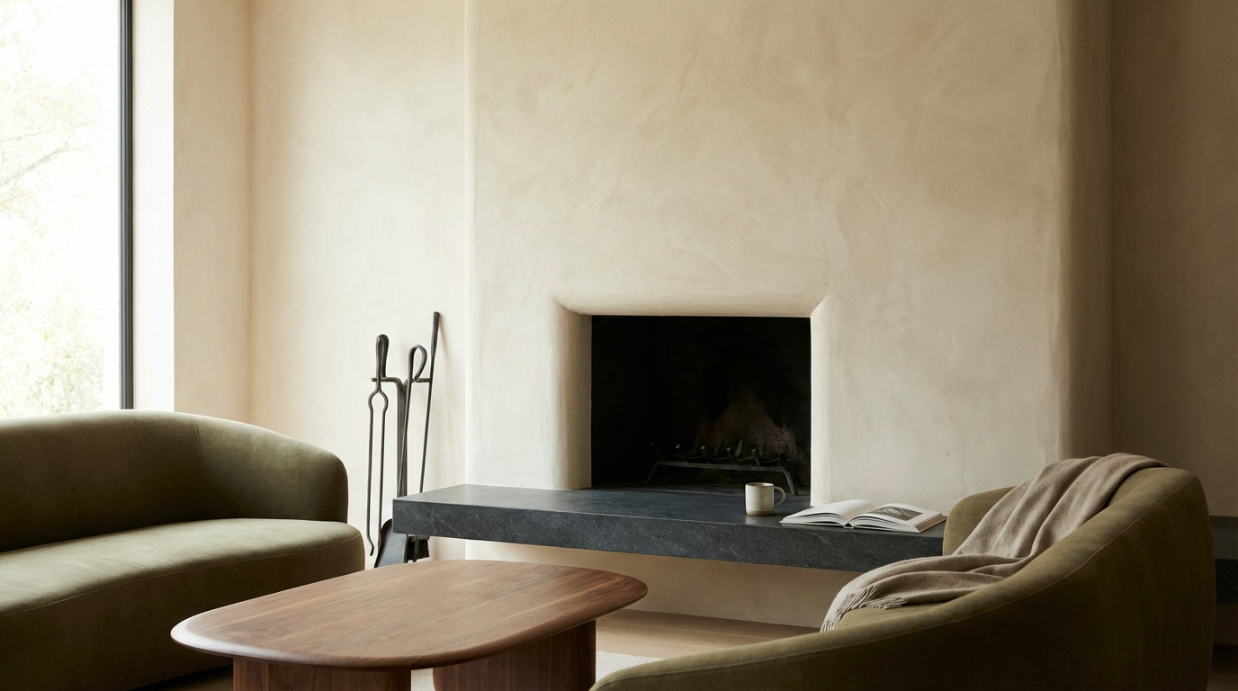 Living room with fireplace, two olive green armchairs, a wooden coffee table, a mug, an open book, and fireplace tools.