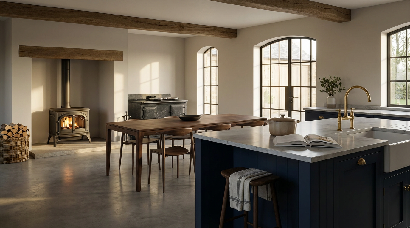 Bright kitchen with wooden beams, fireplace, large windows, and a blue island with a marble countertop, open book, and gold faucet.