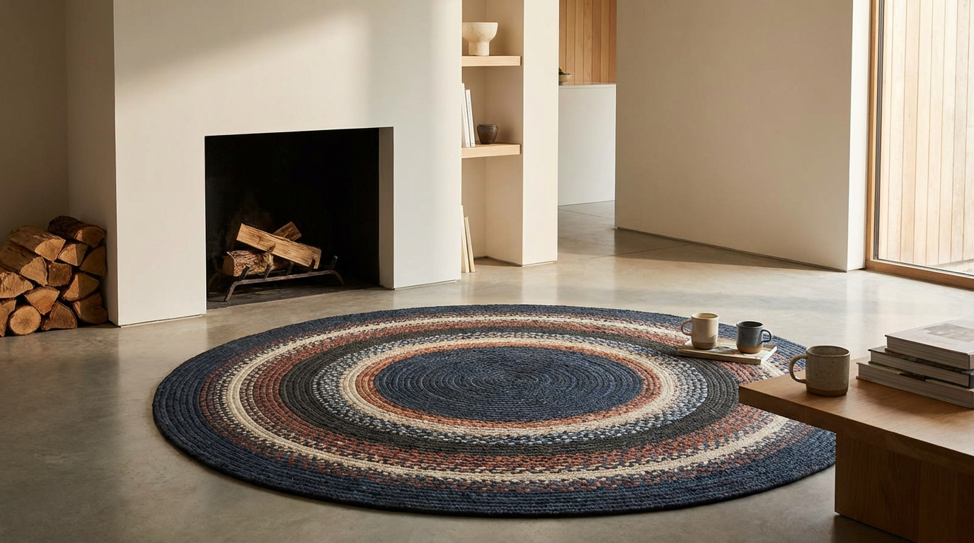 A cozy living room with a modern white fireplace, a wood storage stack, a circular patterned rug, a wooden coffee table with stacked books, and three coffee mugs on a tray, illuminated by natural light from a sliding door.