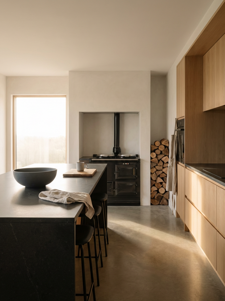 Modern kitchen with black kitchen island, wooden cabinets, a wood-burning stove, a stack of firewood, and a window allowing natural light.