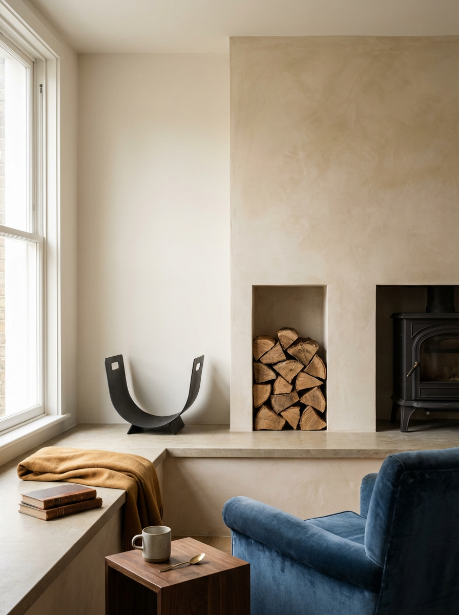 Living room with a large window, a blue armchair, a small wooden side table with a mug and spoon, a stacked blanket, books, built-in fireplace with wood logs, and a modern black wood stove.