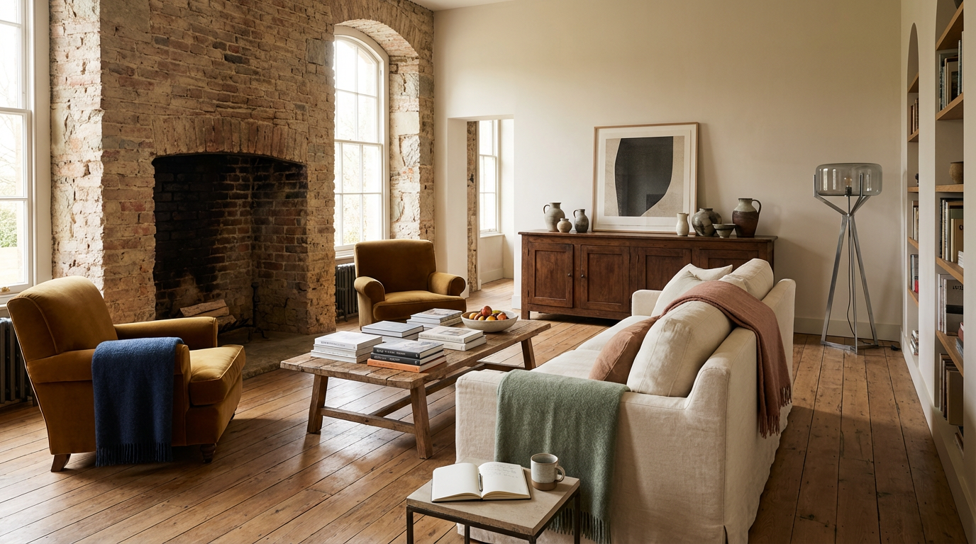 Living room with exposed brick fireplace, wooden floor, beige sofa with throw blankets, two mustard armchairs, coffee table with books and a fruit bowl, wooden sideboard with pottery and artwork, bookshelf, and floor lamp