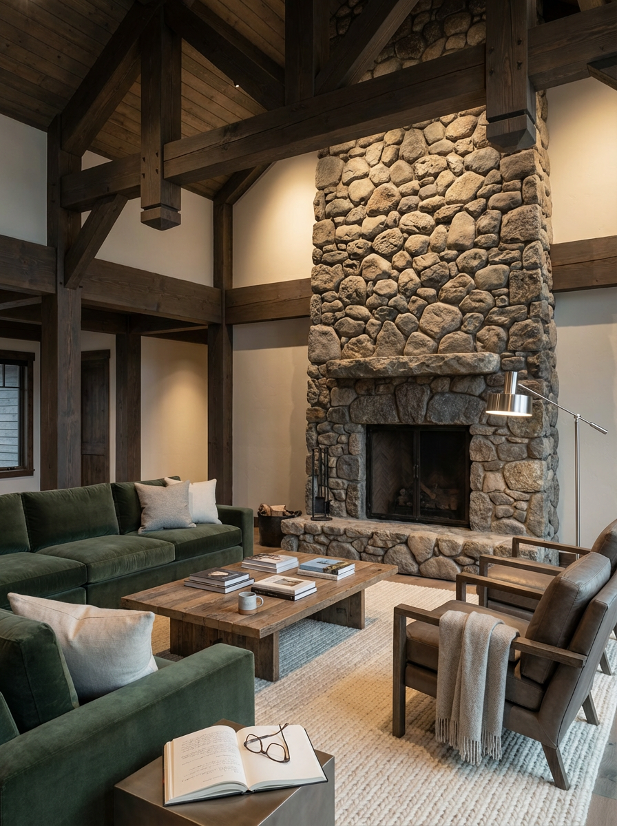 Living room with a stone fireplace, wooden beams, a green sofa, armchairs, a wooden coffee table, books, and a floor lamp.