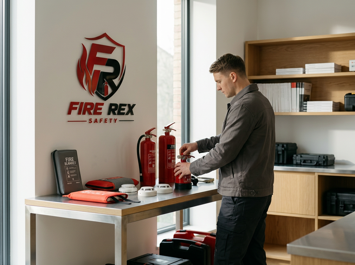 A man is preparing fire extinguishers on a counter in a fire safety training room with 'FIRE REX SAFETY' logo on the wall.