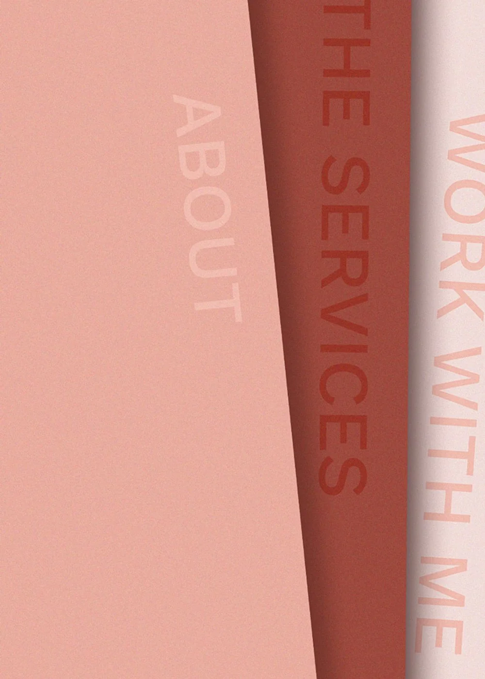 Close-up of pastel-colored book spines with partial vertical text reading “ABOUT,” “THE SERVICES,” and “WORK WITH ME.”