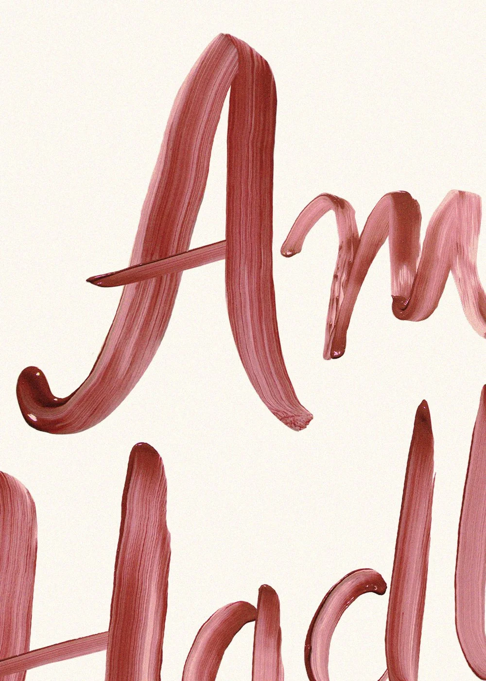 Close-up abstract artwork of glossy burgundy and pink brushstrokes forming partial handwritten letters on a cream background
