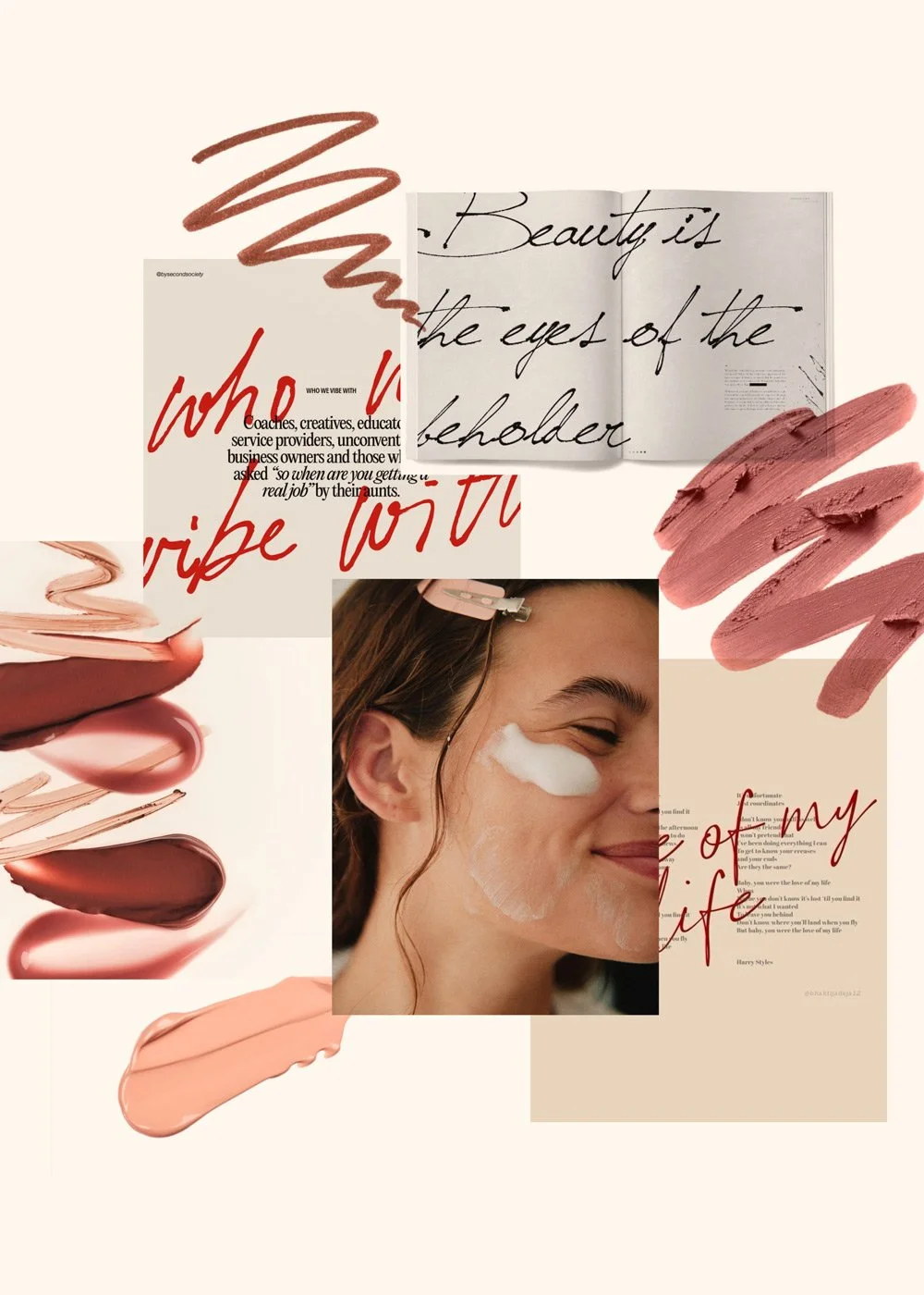 Beauty and skincare collage featuring a smiling woman applying white cream, makeup swatches, red handwritten typography, and an open page reading “Beauty is in the eyes of the beholder.”