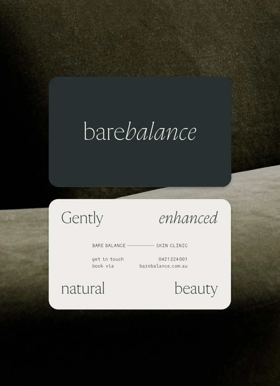 Bare Balance Skin Clinic business cards featuring the phrases “Gently enhanced,” “natural beauty,” booking details, and barebalance.com.au.