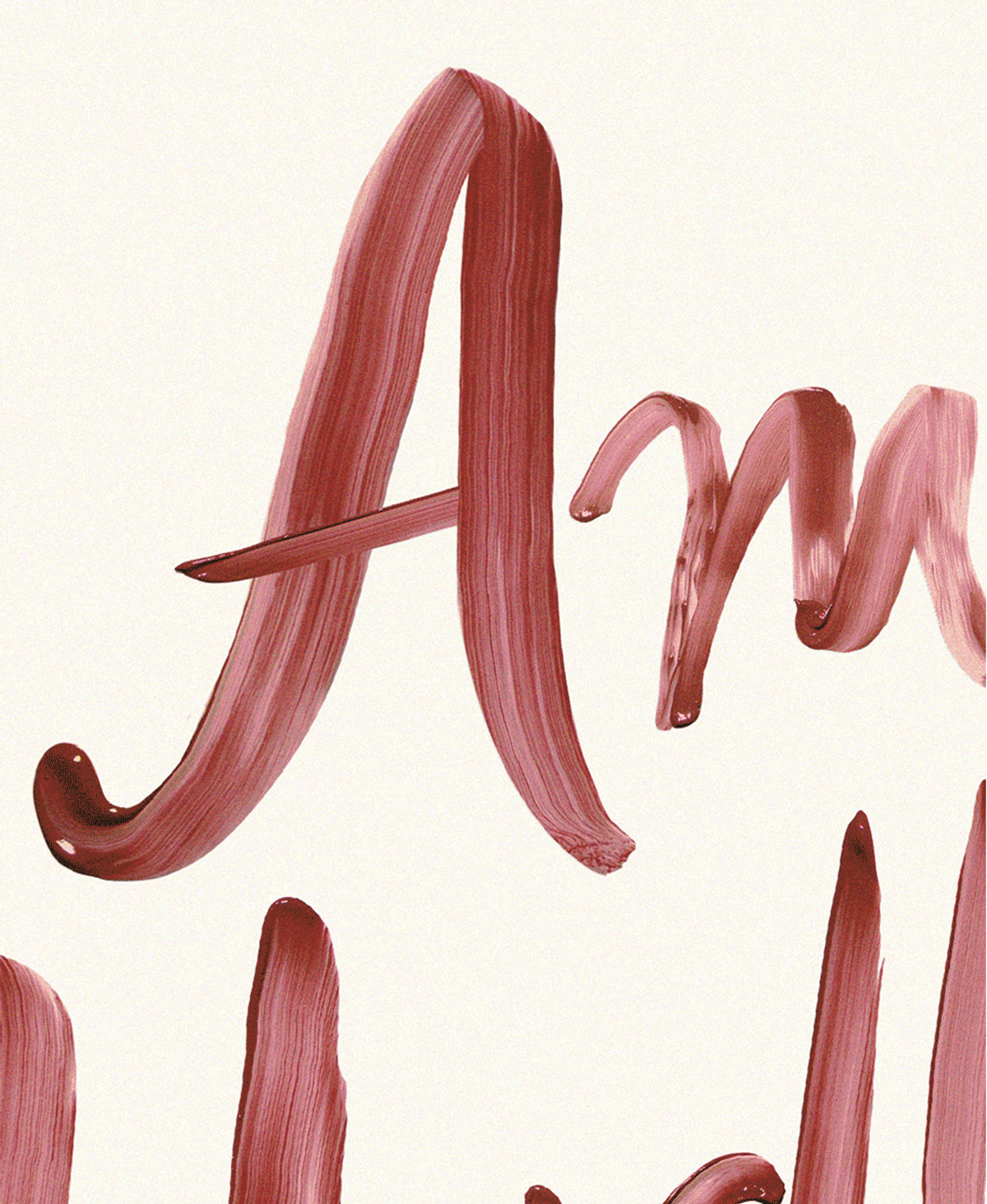 Abstract close-up of red and pink brushstrokes forming curved, calligraphic shapes on a white background