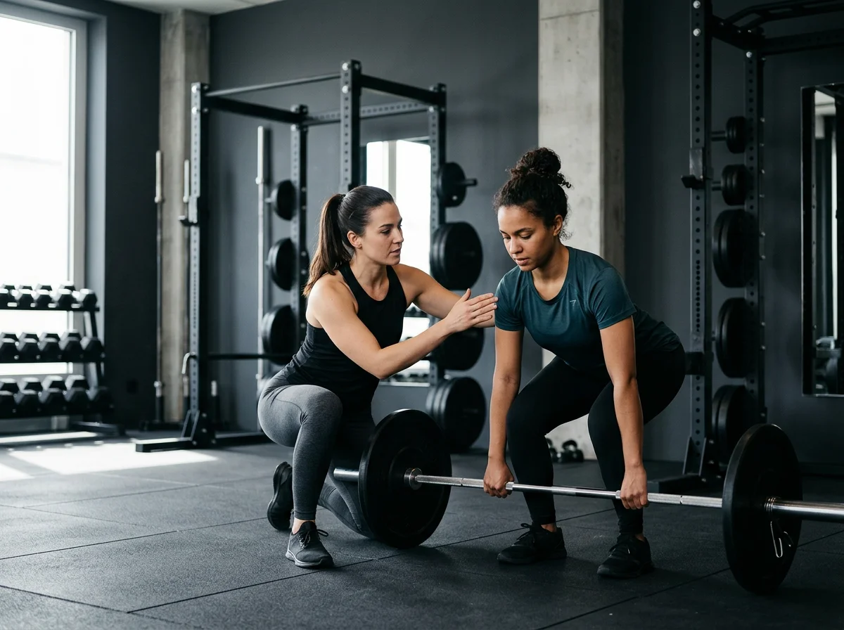 Trainerin korrigiert die Kreuzheben-Technik einer Sportlerin mit Langhantel im Fitnessstudio.