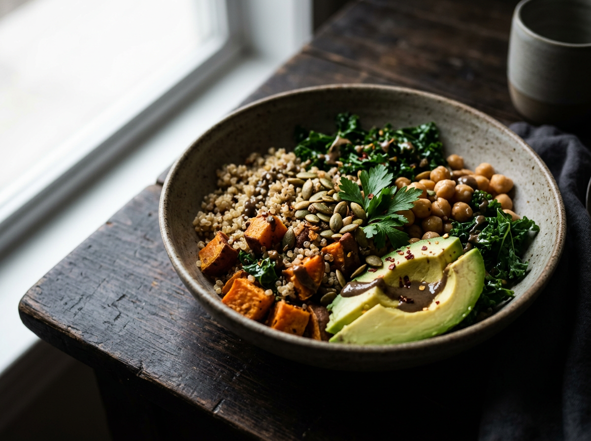 Bunte Buddha-Bowl mit Quinoa, Kichererbsen, Grünkohl, Süßkartoffeln, Avocado, Kürbiskernen und Petersilie.