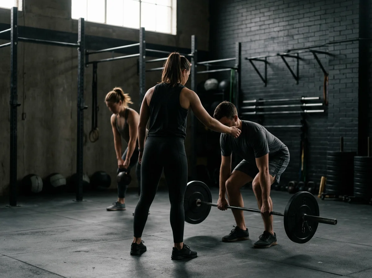 Trainerin korrigiert die Haltung eines Mannes beim Kreuzheben mit Langhantel in einem Fitnessstudio; im Hintergrund trainiert eine Frau mit einer Kettlebell.
