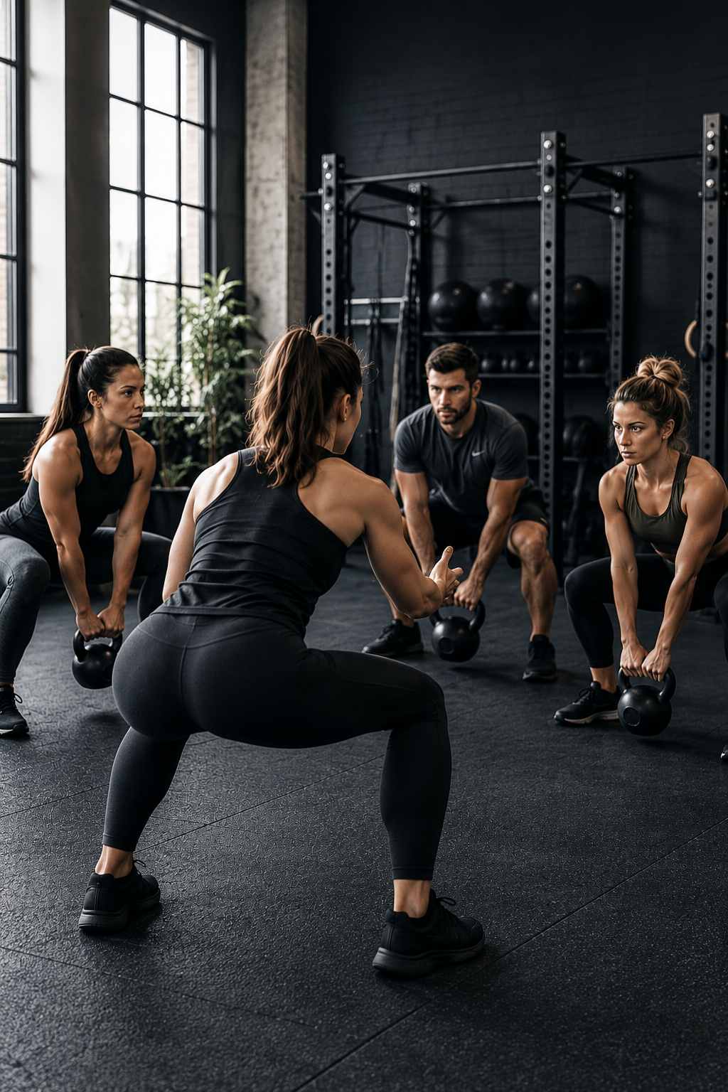 Vier Sportler trainieren mit Kettlebells in einem modernen Fitnessstudio.