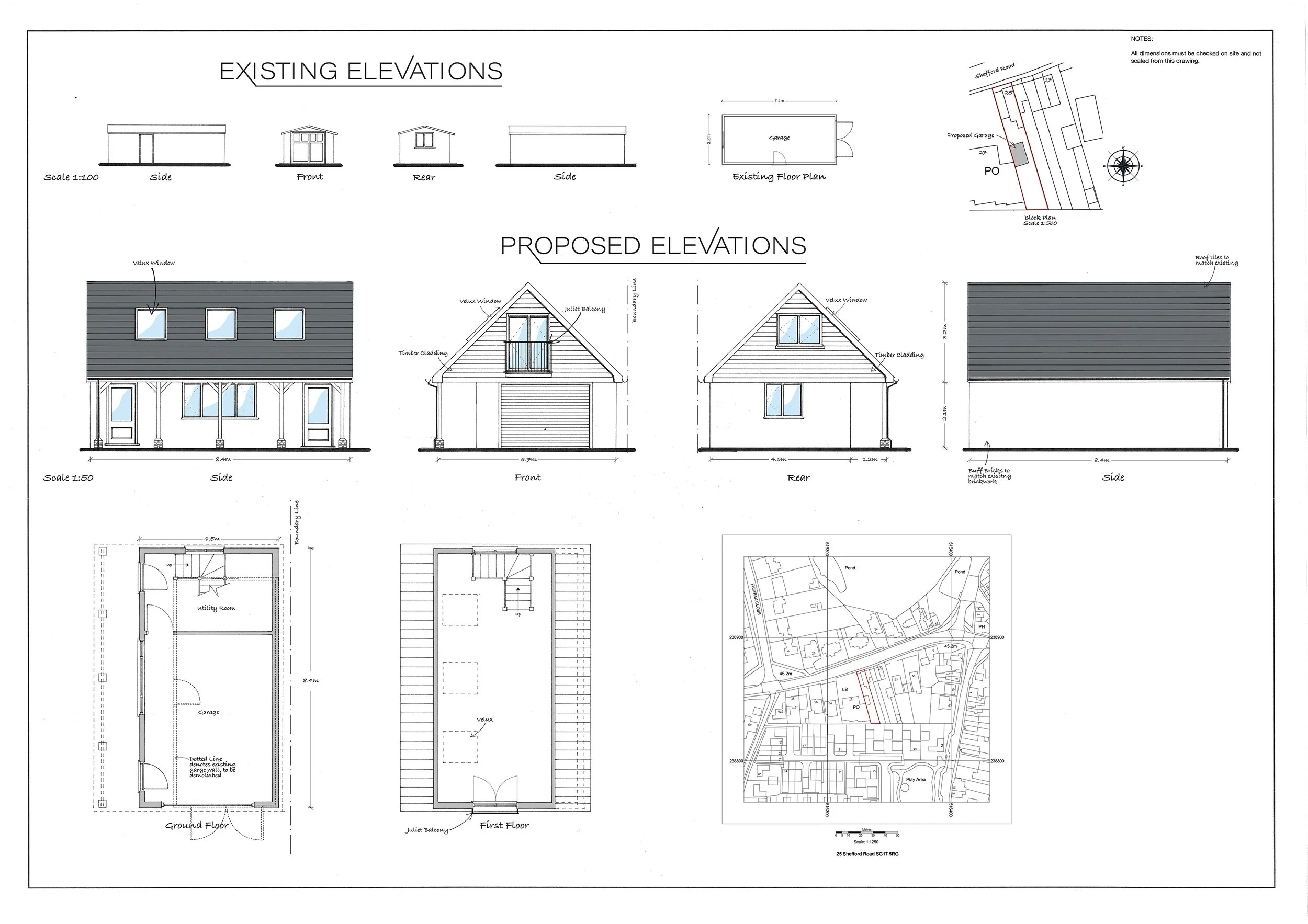 Architectural blueprint of a house showing existing elevations, proposed elevations, floor plans, site plan, and a map of the surrounding area.
