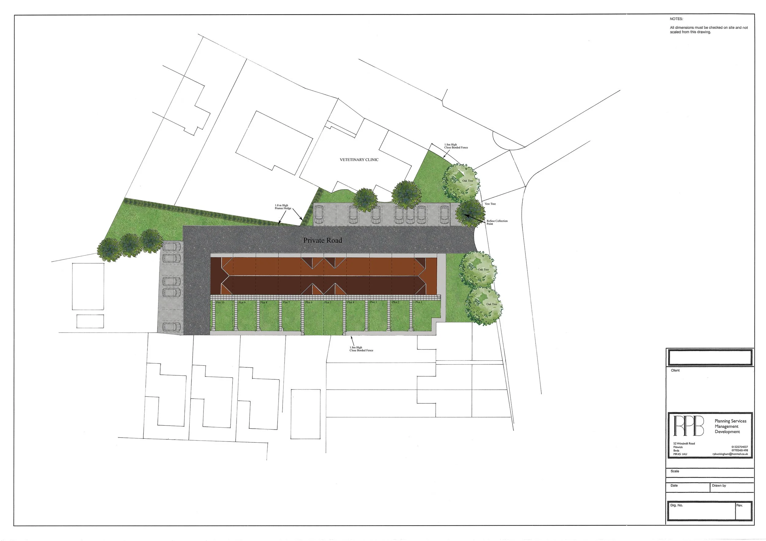 Site plan showing a veterinary clinic with parking spaces, trees, a fenced area, and a private road.