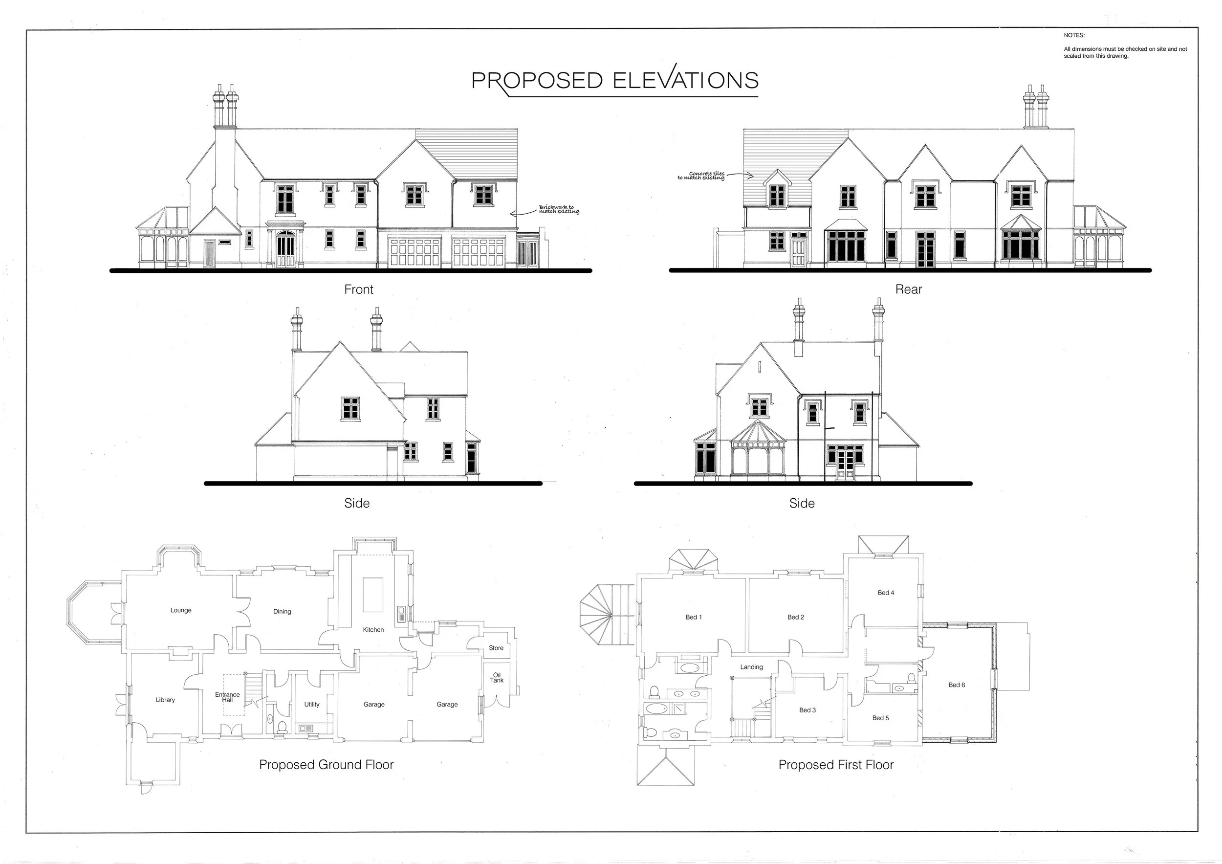 Architectural blueprint showing proposed elevations, ground floor plan, and first floor plan of a multi-story house with detailed drawings of front and rear elevations, side views, and interior layouts.