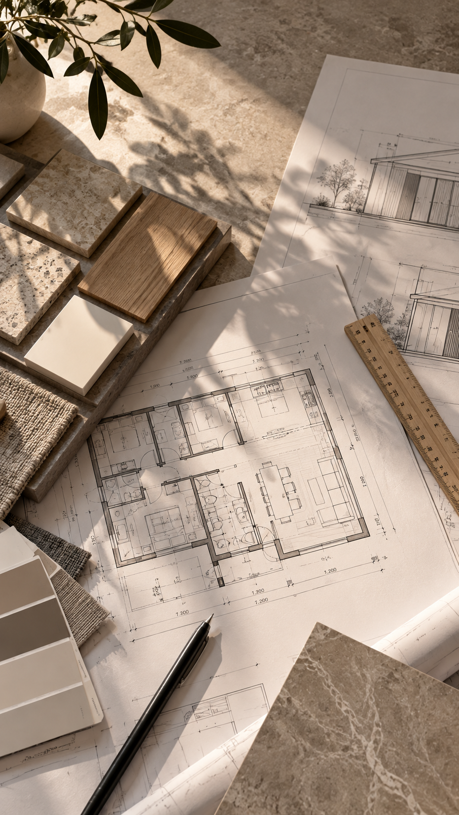 An architectural floor plan and design materials with tiles, wood, and fabric samples, along with a ruler, on a workspace illuminated by natural light.