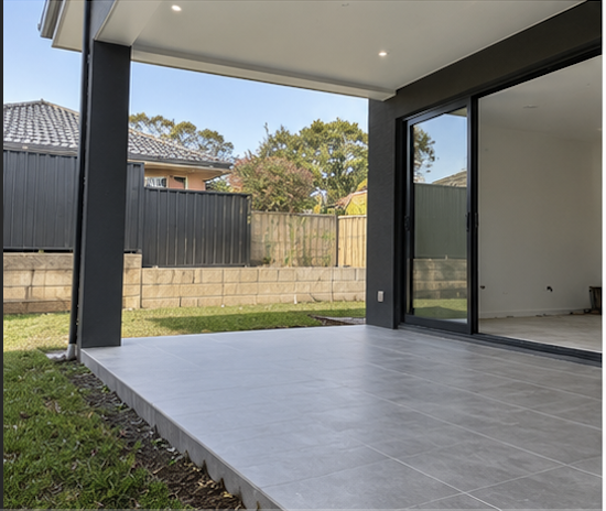View of a modern backyard patio with gray tiled flooring, a covered roof, and sliding glass doors leading inside a house, with a grassy yard and a wooden fence in the background.