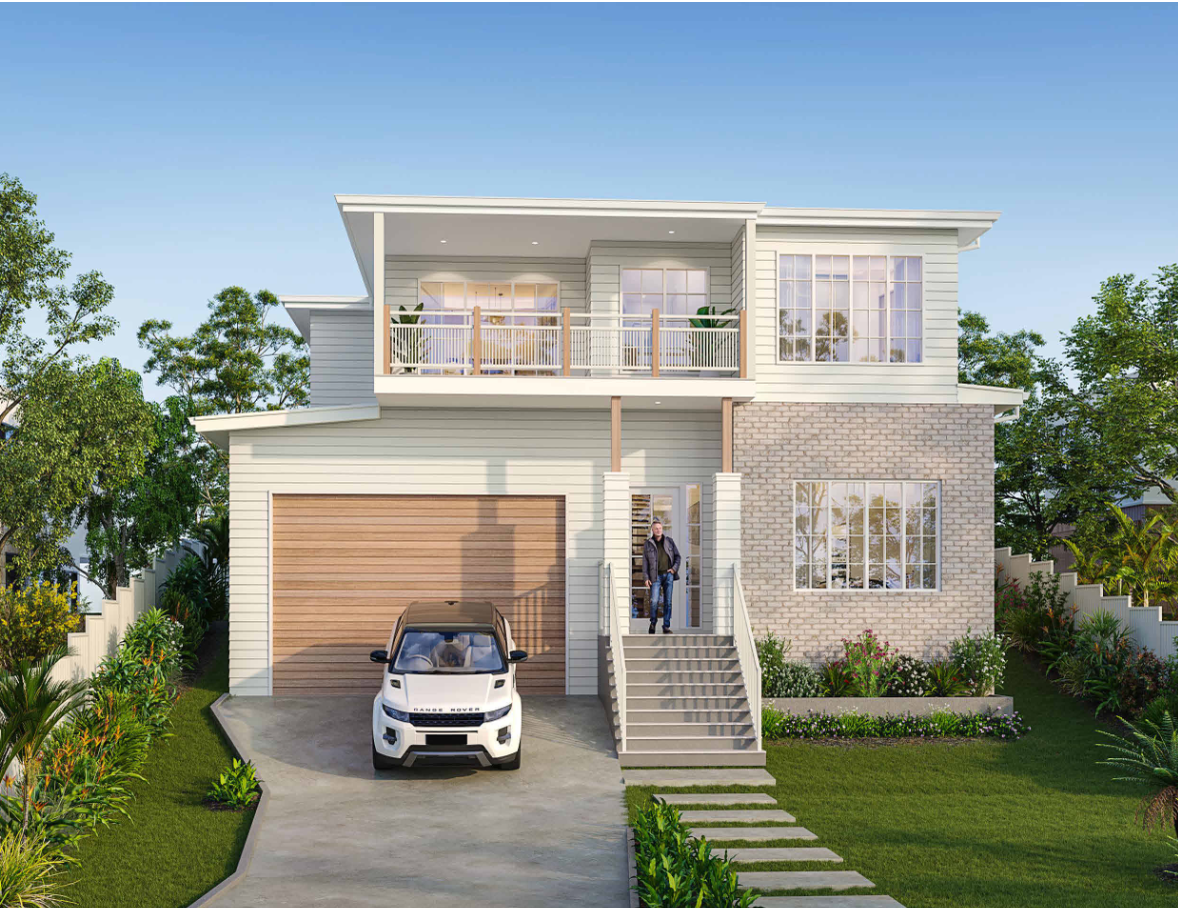 Modern two-story house with a driveway, a white car parked, and a man standing on the front steps. The house has large windows, a balcony on the upper floor, and a landscaped yard with green grass and plants.