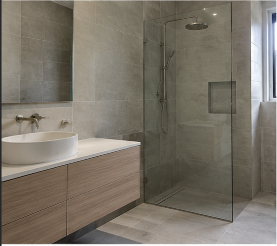 Modern bathroom with a floating wooden vanity, a vessel sink, a wall-mounted faucet, and a glass-enclosed shower with a rainfall showerhead and a niche in the tiled wall.