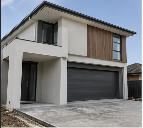Modern two-story house with a flat roof, white exterior walls, wooden panels, and a large black garage door. The house has large windows, one on the upper level and one near the entrance, with a driveway leading up to the garage.