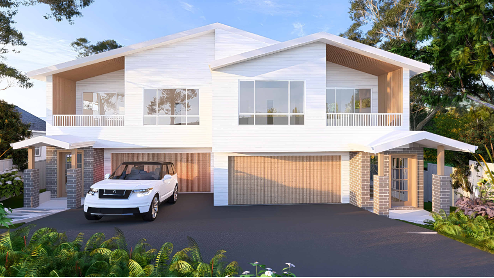 Modern two-story house with white exterior, large windows, brick accents, a garage door, and a driveway with a white SUV parked in front. Surrounded by green plants and trees.