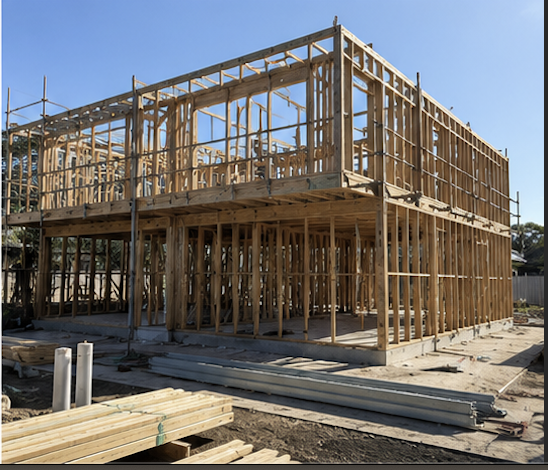 Wood framing of a multi-story building under construction on a clear day.