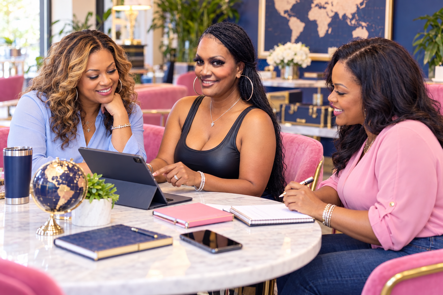 AI-assisted illustration of BossLady discussing travel planning with two women around an iPad; no armband