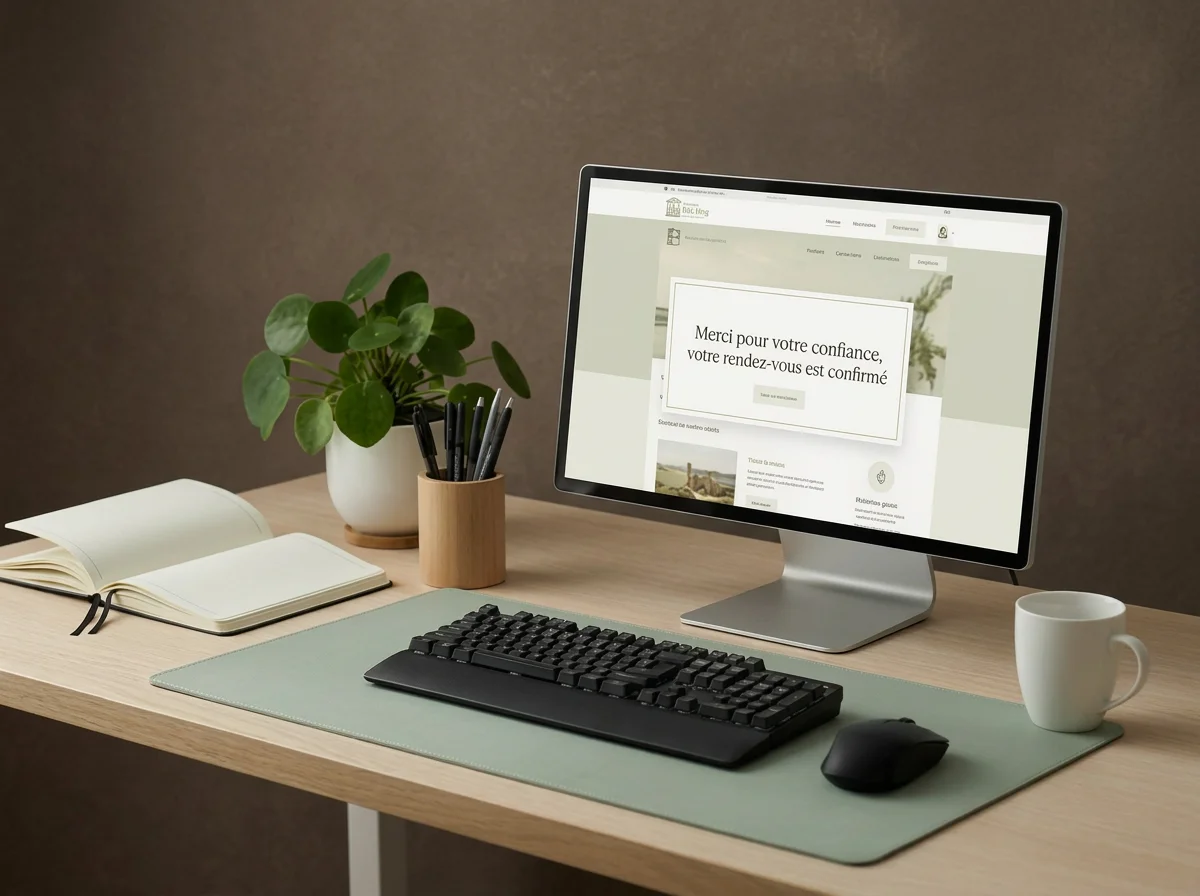 Bureau avec ordinateur affichant la confirmation d’un rendez-vous, clavier, souris, carnet, plante et tasse de café.