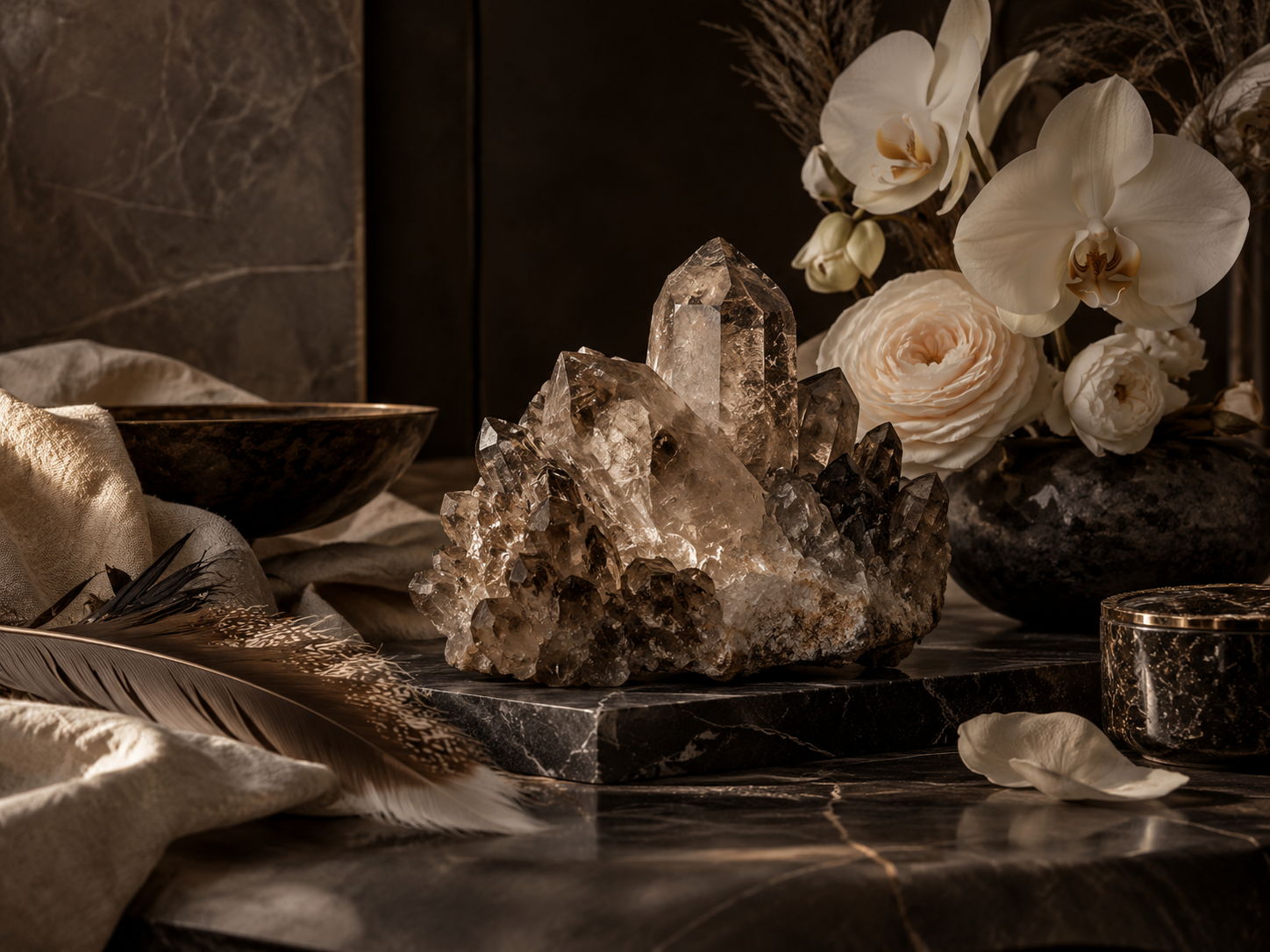 Smoky quartz crystal cluster on a marble pedestal surrounded by white orchids, flowers, textiles, and feathers