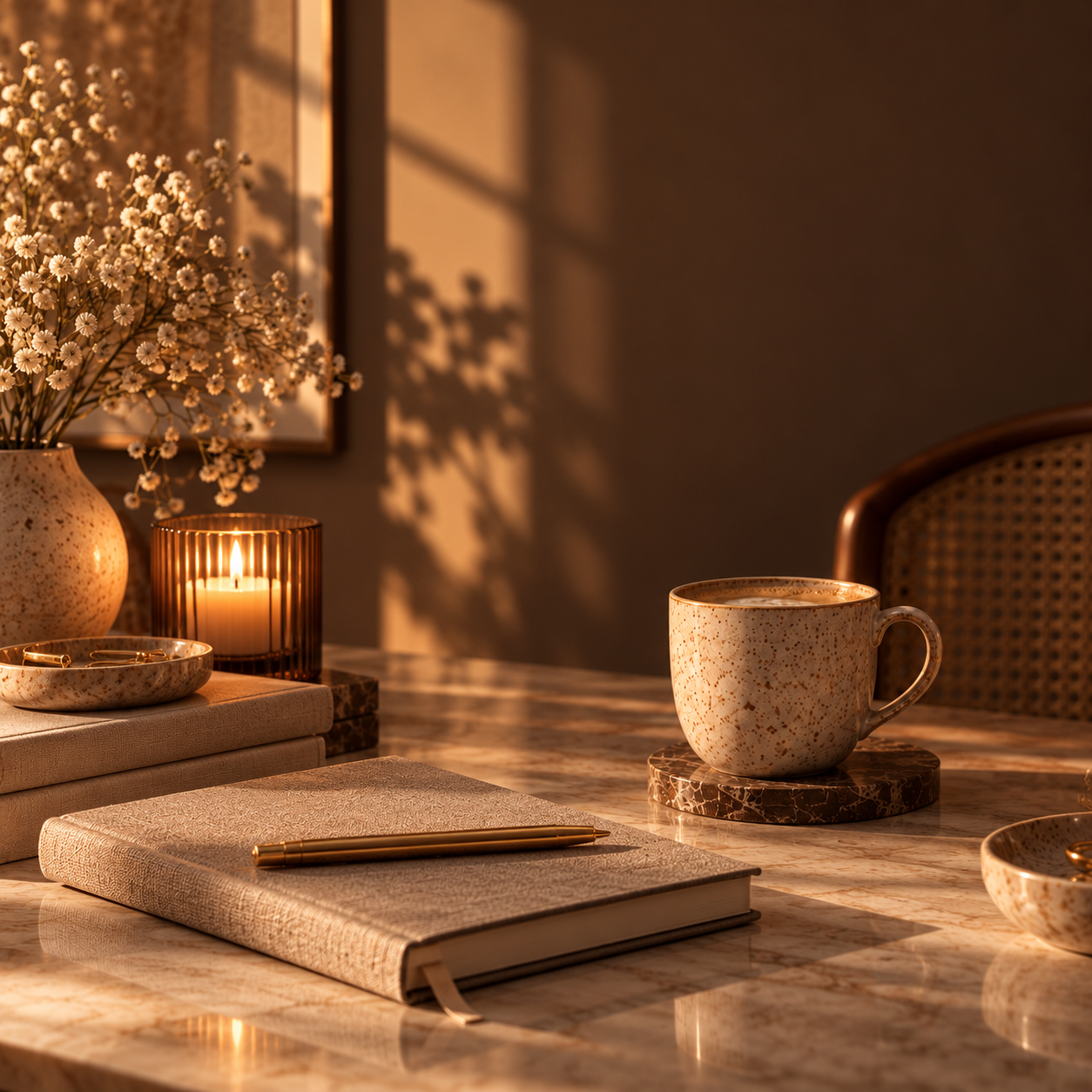 Cozy sunlit coffee table with a ceramic coffee mug, journal and pen, candle, dried flowers, and marble surface