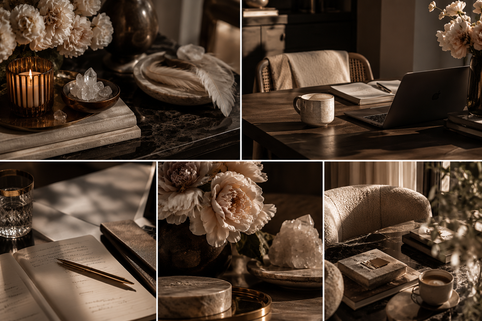 Warm-toned collage of elegant home interiors featuring flowers, candles, crystals, books, journals, coffee, and a laptop.