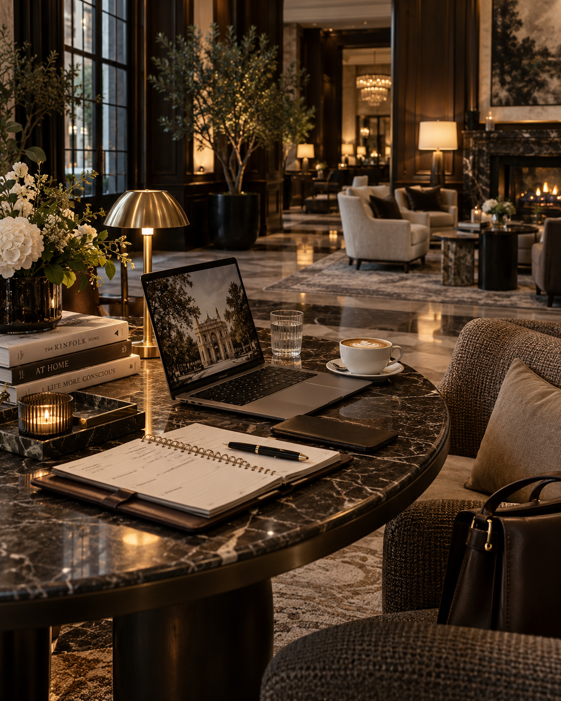 Elegant hotel lobby lounge with marble table, laptop, coffee, notebook, flowers, fireplace, and armchairs