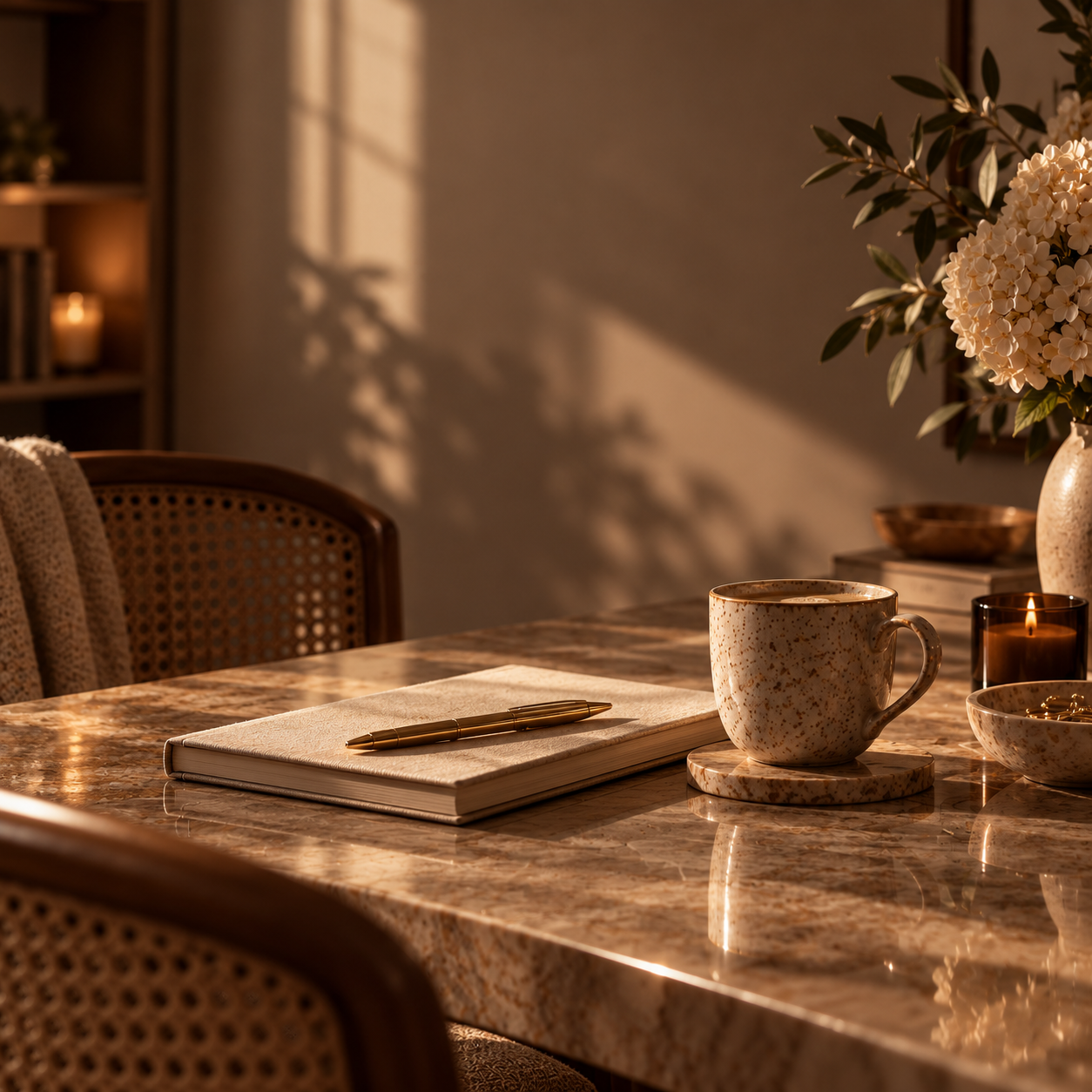 Warmly lit dining table with a notebook and pen, coffee mug, candle, flowers, and woven chairs.