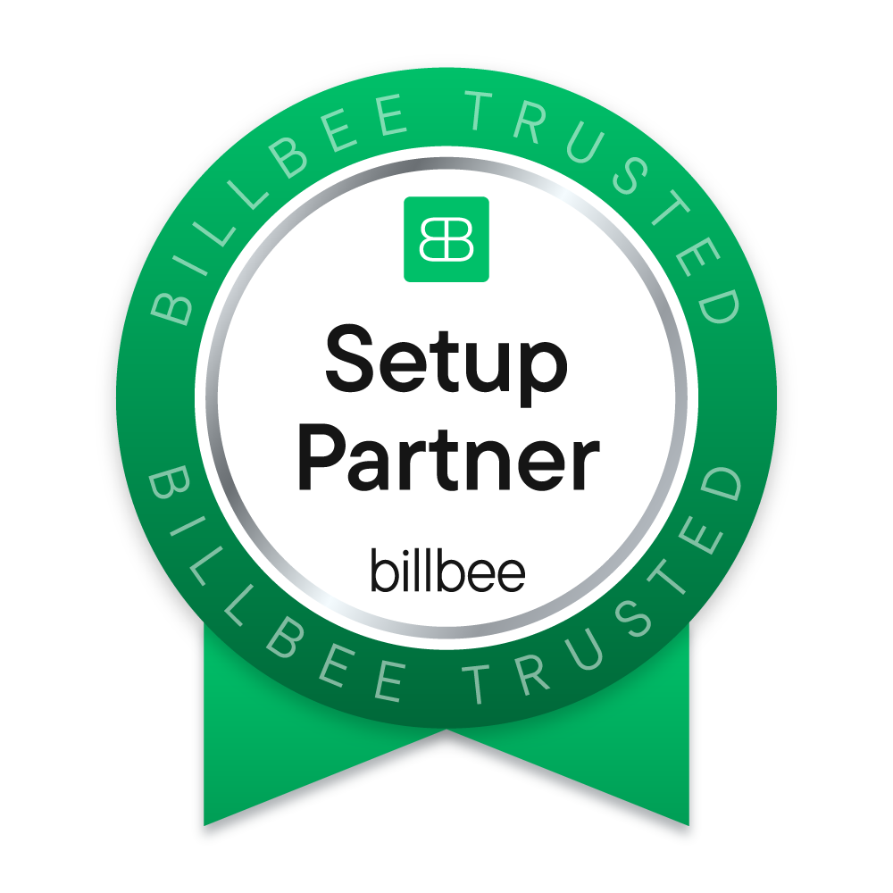 Grüner Träger mit Siegel, das 'Billbee Trusted' und 'Setup Partner' sagt, sowie das Billbee-Logo.