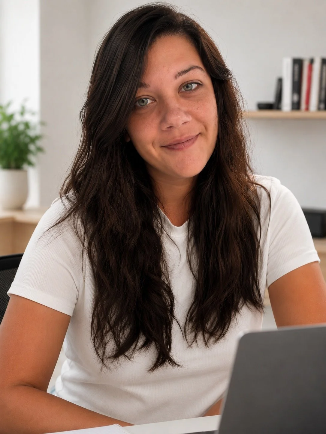 Eine junge Frau mit langen dunklen Haaren und blauen Augen sitzt an einem Schreibtisch vor einem Laptop, lächelt leicht, im Hintergrund ein Bücherregal und eine Topfpflanze.