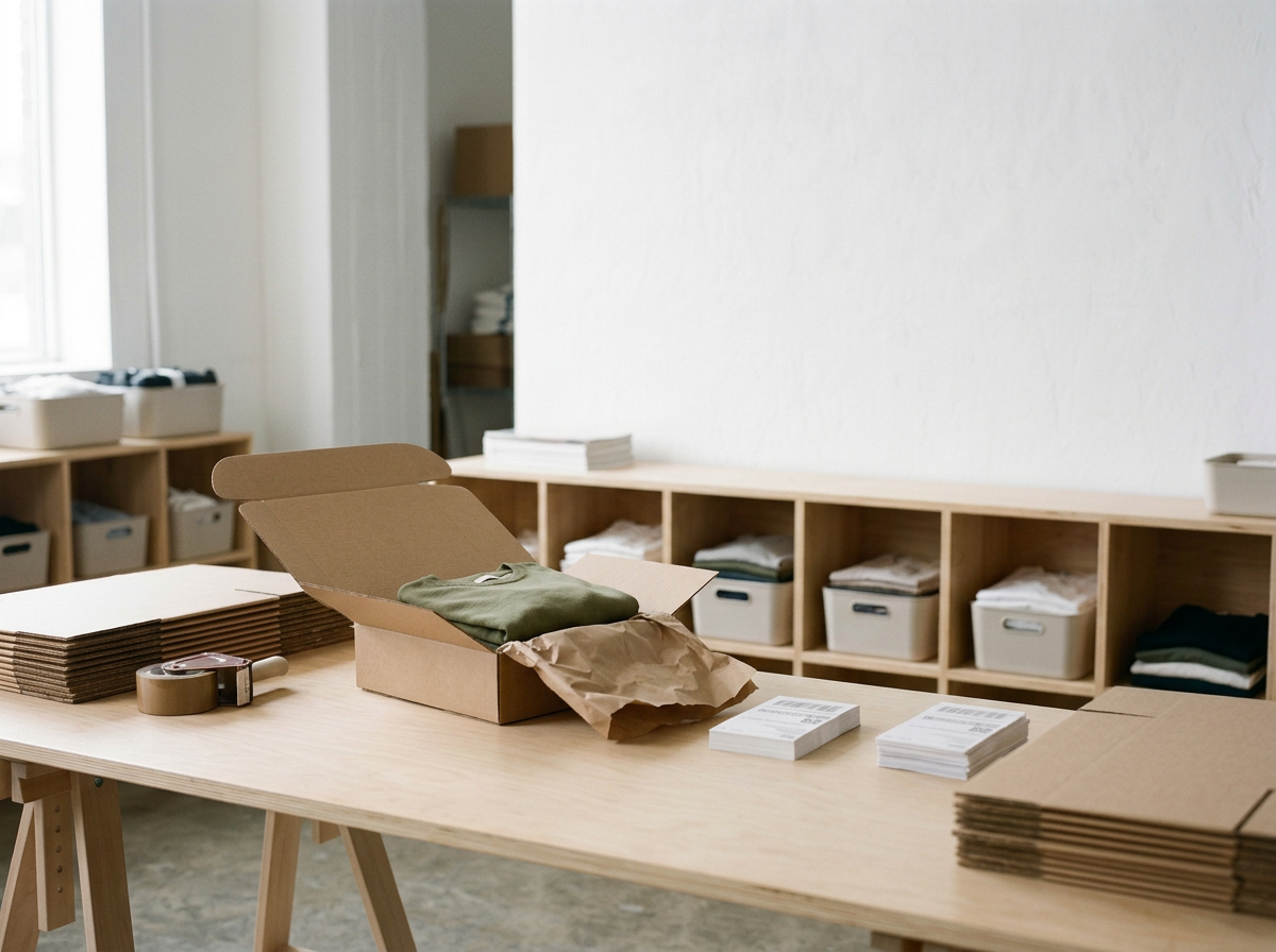 Büro oder Lagerraum mit Verpackungsmaterialien, einschließlich braunen Kartons, Klebeband, Papier und Broschüren auf einem Holztisch.