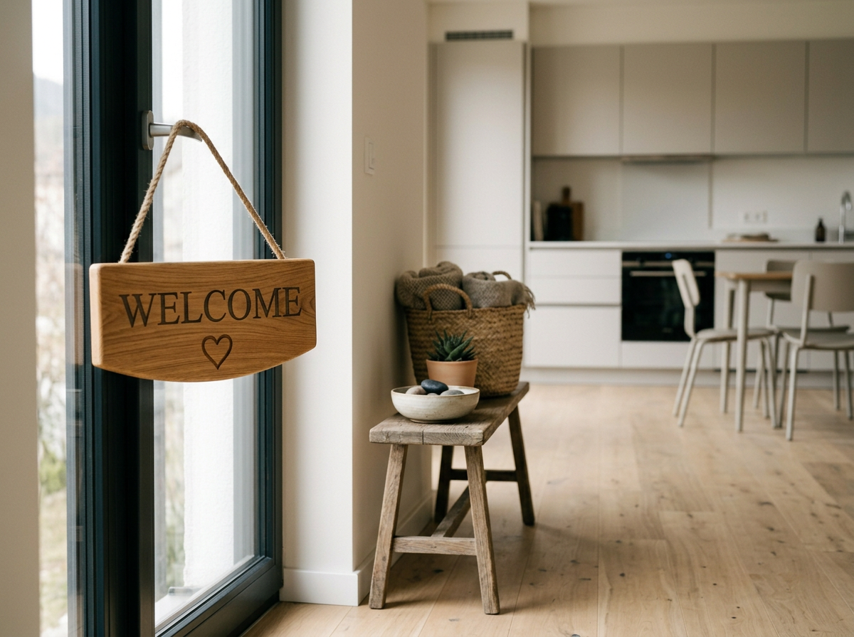 Ein Holzschild mit der Aufschrift 'WELCOME' und einem Herz hängt an einer Glastür. Im Hintergrund sind eine kleine Holzbank mit einer Pflanze und einer Schüssel mit Steinen sowie ein Korb mit Handtüchern und eine moderne Küche zu sehen.
