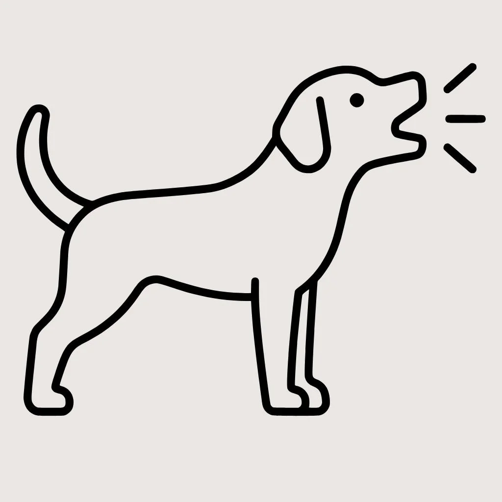 Line drawing of a dog with its mouth open, appearing to bark or speak.