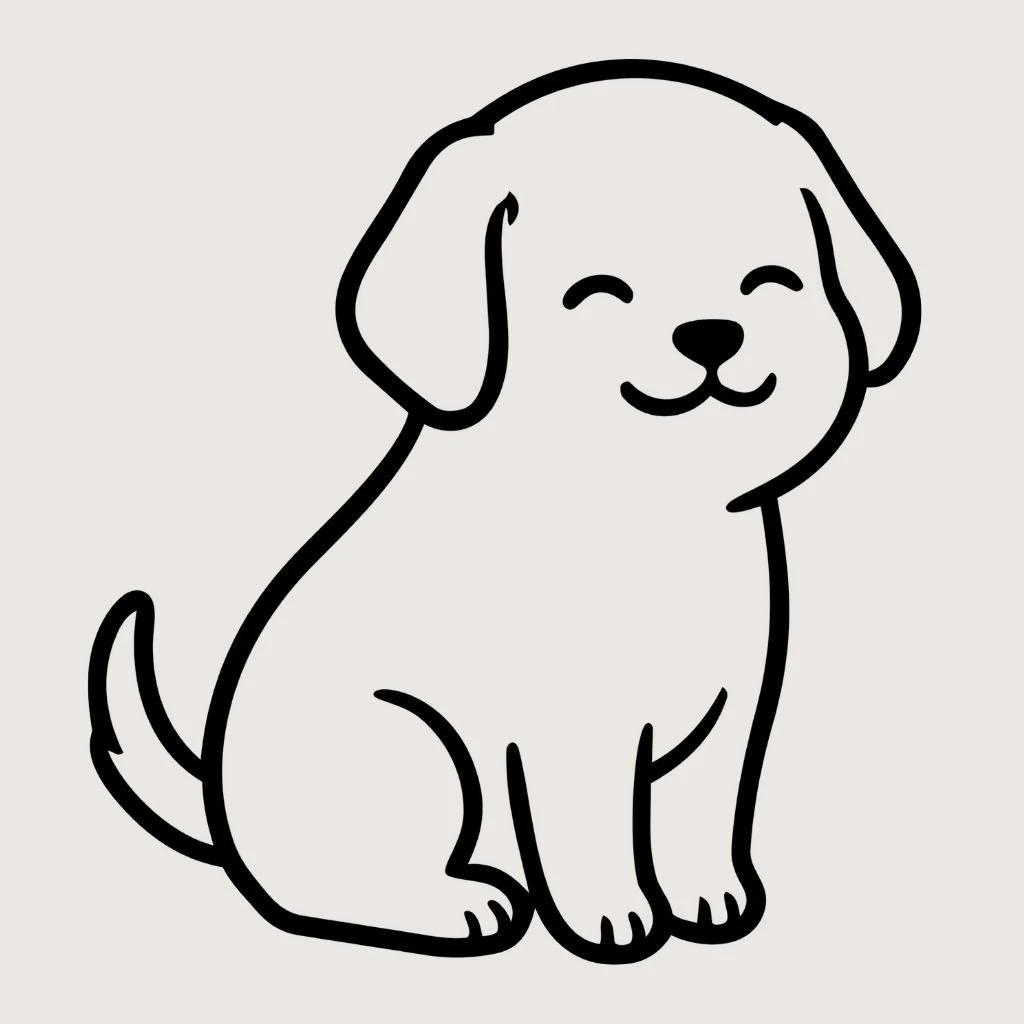 Simple black and white line drawing of a smiling cartoon puppy sitting, facing forward.